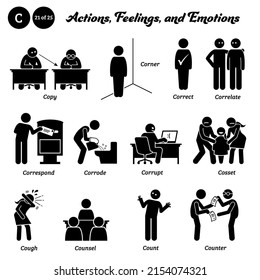 Stick figure human people man action, feelings, and emotions icons starting with alphabet C. Copy, corner, correct, correlate, correspond, corrode, corrupt, cosset, cough, counsel, count, and counter.