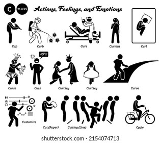 Stick figure human people man action, feelings, and emotions icons starting with alphabet C. Cup, curb, cure, curious, curl, curse, cuss, curtsey, curve, customize, cut paper, cutting line, and cycle.