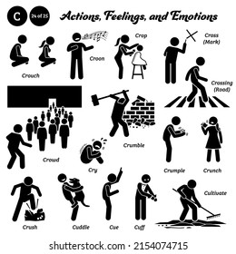 Stick figure human people man action, feelings, and emotions icons alphabet C. Crouch, croon, crop, cross, crossing, crowd, cry, crumble, crumple, crunch, crush, cuddle, cue, cuff, and cultivate.