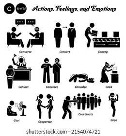 Stick figure human people man action, feelings, and emotions icons starting with alphabet C. Converse, convert, convey, convict, convince, convulse, cook, cool, cooperate, coordinate, and cope.