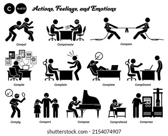 Stick figure human people man action, feelings, and emotions icons  alphabet C. Compel, compensate, compete, compile, complain, complete, compliment, comply, comport, compose, comprehend, and compress