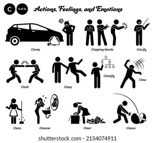 Stick figure human people man action, feelings, and emotions icons starting with alphabet C. Clamp, clapping hands, clarify, clash, clasp, classify, claw, clean, cleanse, clear, and cleave. 