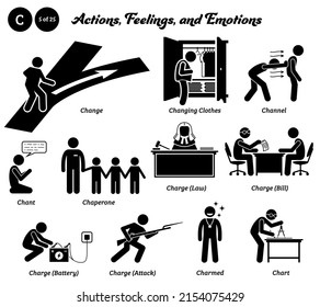 Stick figure human people man action, feelings, and emotions icons starting with alphabet C. Change, changing clothes, channel energy, chant, chaperone, charge law, bill, battery, attack, charting map