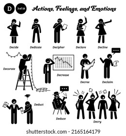 Stick figure human people man action, feelings, and emotions icons alphabet D. Decide, dedicate, decipher, declare, decline, decorate, decrease, decree, declaim, deduct, deduce, and decry.