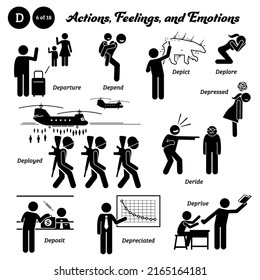 Stick figure human people man action, feelings, and emotions icons alphabet D. Departure, depend, depict, deplore, deployed, deride, depressed, deposit, depreciated, and deprive.