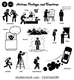 Stick figure human people man action, feelings, and emotions icons alphabet D. Dramatize, drape, draw, drawl, dream, drench, dress, drew, dribble, drill, drifter, and car drifting. 