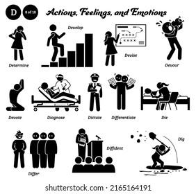 Stick figure human people man action, feelings, and emotions icons alphabet D. Determine, develop, devise, devour, devote, diagnose, dictate, differentiate, die, differ, diffident, and dig. 