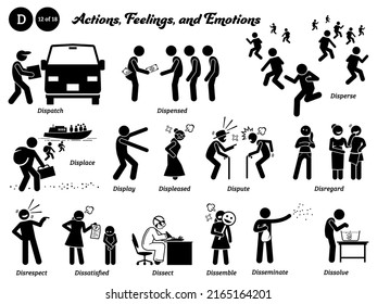 Stick figure human people man action icons alphabet D. Dispatch, dispensed, disperse, displace, display, displeased, dispute, disregard disrespect dissatisfied dissect dissemble disseminate, dissolve.