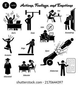 Stick figure human people man action, feelings, and emotions icons alphabet E. Earn, ease, edit, eat, eavesdrop, ecstatic, edge, eject, educated, educate, and elaborate. 