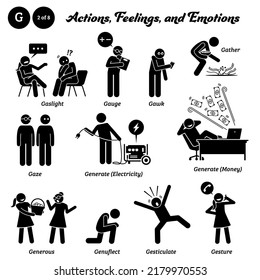 Figura de palo personas humanas acción, sentimientos y emociones iconos del alfabeto G. La luz de la vista, el medidor, la mirada, la mirada, la electricidad, la generación de dinero, la generosidad, el genuflecto, la gesticulación y el gesto.