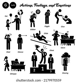 Stick Figure Human People Man Action, Feelings, And Emotions Icons Alphabet G. Get, Gibber, Giggle, Give, Glad, Glance, Glide, Glare, Glimpse, Gloat, And Gloomy.