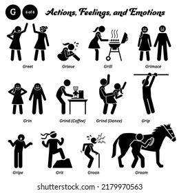 Stick figure human people man action, feelings, and emotions icons alphabet G. Greet, grieve, grill, grimace, grin, grind coffee, grind dance, grip, gripe, grit, groan, groom