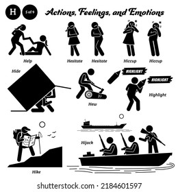 Stick Figure Human People Man Action, Feelings, And Emotions Icons Alphabet H. Help, Hesitate, Hiccup, Hide, Hew, Highlight, Hike, And Hijack.