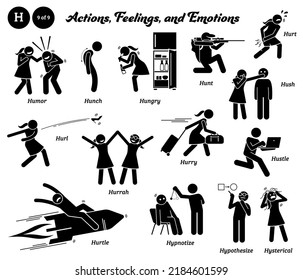 Stick figure human people man action, feelings, and emotions icons alphabet H. Humor, hunch, hungry, hunt, hurt, hush, hurl, hurrah, hurry, hustle, hurtle, hypnotize, hypothesize, and hysterical.