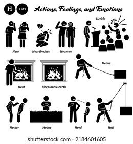 Stick figure human people man action, feelings, and emotions icons alphabet H. Hear, heartbroken, hearten, heckle, heat, fireplace, hearth, heave, hector, hedge, heed, and heft. 