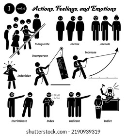 Figura de la figura humana acción humana, sentimientos y emociones iconos del alfabeto I. Inaugurar, incline, incluir, indeciso, incorporar, aumentar, incriminar, indexar, indicar e inculpar. 