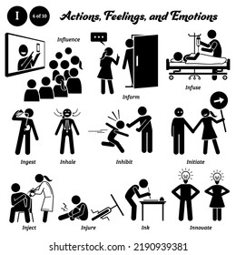 Stick Figur Menschen Menschen Handlung, Gefühle und Emotionen Symbole Alphabet I. Einflussnahme, Information, Infusion, Aufnahme, Inhalation, Inhibierung, Initiierung, Injektion, Verletzung, Tinte und Innovation.