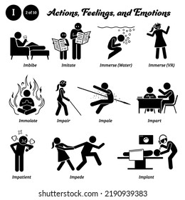 Stick figure human people man action, feelings, and emotions icons alphabet I. Imbibe, imitate, immerse water, immerse VR, immolate, impair, impale, impart, impatient, impede, and implant.