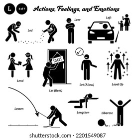 Stick figure human people man action, feelings, and emotions icons alphabet L. Led, leer, left, lend, let, rent, allow, level up, lessen, lengthen, and liberate.