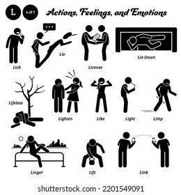 Stick figure human people man action, feelings, and emotions icons alphabet L. Lick, lie, license, lie down, lifeless, lighten, like, light, limp, linger, lift, and link.