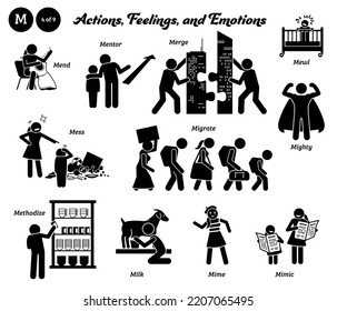 Stick figure human people man action, feelings, and emotions icons alphabet M. Mend, mentor, merge, mewl, mess, migrate, mighty, methodize, milk, mime, and mimic.