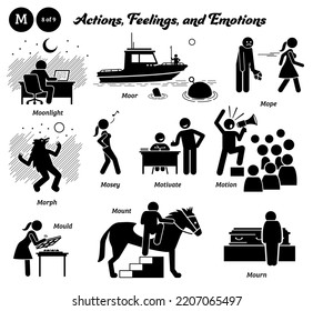 Stick figure human people man action, feelings, and emotions icons alphabet M. Moonlight, moor, mope, morph, mosey, motivate, motion, mold, mount, and mourn. 