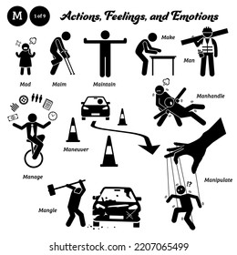 Figura de palo personas humanas acción, sentimientos y emociones iconos alfabeto M. Mad, mutilar, mantener, hacer, hombre, manejar, manipular, manipular y manipular.