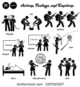 Stick figure human people man action, feelings, and emotions icons alphabet M. Misjudge, mix, mobilize, misspell, mistake, miss, moan, misunderstand, and mob.