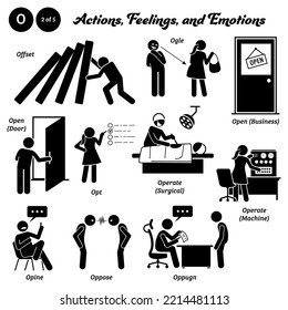 Stick figure human people man action, feelings, and emotions icons alphabet O. Offset, ogle, open, business, door, opt, operate, surgical, machine, opine, oppose, and oppugn. 
