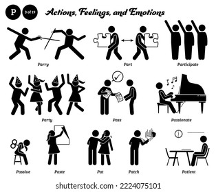 Stick figure human people man action, feelings, and emotions icons alphabet P. Parry, part, participate, party, pass, passionate, passive, paste, pat, patch, and patient.