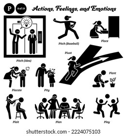 Stick figure human people man action, feelings, and emotions icons alphabet P. Pitch, idea, baseball, place, placate, pity, pivot, plant, plait, plan, and play.