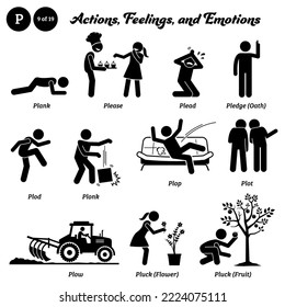 Stick figure human people man action, feelings, and emotions icons alphabet P. Plank, please, plead, pledge, oath, plod, plonk, plop, plot, plow, pluck, flower, and fruit.