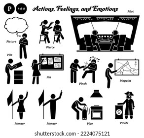 Stick figure human people man action, feelings, and emotions icons alphabet P. Picture, pierce, pilot, pile, pin, pinch, pinpoint, pioneer, pipe, and pirate.