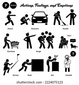 Stick figure human people man action, feelings, and emotions icons alphabet P. Punch, puncture, punish, purchase, purge, purr, pursue, push, put, and puzzled.