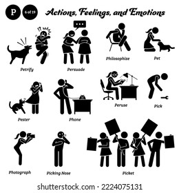 Figura de palo personas humanas acción, sentimientos y emociones iconos alfabético P. Petrify, persuade, filósofo, mascota, bufón, teléfono, peruse, escoja, fotografía, escogiendo nariz y piquete.