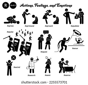 Stick figure human people man action, feelings, and emotions icons alphabet R. Repress, reprimand, reproach, repudiate, repulse, request, rescue, rescind, research, resent, and reserve. 