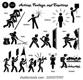 Stick figure human people man action, feelings, and emotions icons alphabet R. Race, radiant, radiate, raise, rake, raid, ram, rally, rage, and ramble.