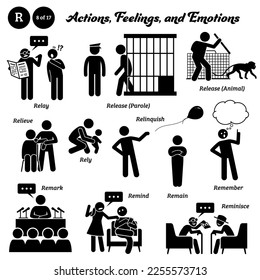 Stick figure human people man action, feelings, and emotions icons alphabet R. Relay, release, parole, animal, relieve, rely, relinquish, remain, remember, remark, remind, and reminisce. 