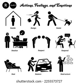 Stick figure human people man action, feelings, and emotions icons alphabet R. Reside, resign, resist, resolve, respect, respond, rest, restore, and restructure.