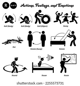 Stick figure human people man action, feelings, and emotions icons alphabet R. Roll, body, object, romp, rot, rotate, swap, rotate, round, rouse, and route.