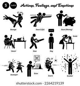 Figura de palo personas humanas acción, sentimientos y emociones iconos del alfabeto S. Salvar, salvar la vida, ahorrar dinero, salvar, ver, digamos, escalar, estafar, escanear, asustar y dispersar.