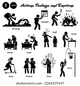 Stick Figur Menschen Menschen Handlung, Gefühle und Emotionen Symbole Alphabet S. Scavenge, Plan, Scorch, Schule, scold, scoop, scoot, Plan, Scorn, und Partitur.