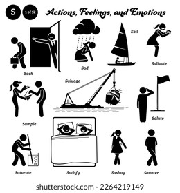 Stick figure human people man action, feelings, and emotions icons alphabet S. Sack, sad, sail, salivate, sample, salvage, salute, saturate, satisfy, sashay, and saunter. 