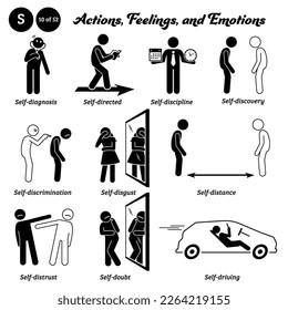 Stick figure human people man action, feelings, and emotions icons alphabet S. Self, diagnosis, directed, discipline, discovery, discrimination, disgust, distance, distrust, doubt, and driving.