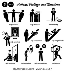 Stick figure human people man action, feelings, and emotions icons alphabet S. Self, centered, checkout, cleaning, conceited, condemned, congratulate, conscious, contradiction, and control.