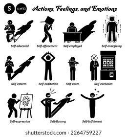 Stick figure human people man action, feelings, and emotions icons alphabet S. Self educated, effacement, employed, energizing, esteem, exaltation, exam, exclusion, expression, flattery, fulfillment. 