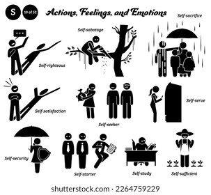 Stick figure human people man action, feelings, and emotions icons alphabet S. Self, righteous, sabotage, sacrifice, satisfaction, seeker, serve, security, starter, study, and sufficient. 