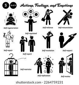 Stick figure human people man action and emotions icons alphabet S. Self, regeneration, regulated, reliance, renunciation, repair, report, revelation, respect, restraint, replication, and review.