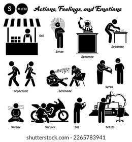 Stick figure human people man action, feelings, and emotions icons alphabet S. Sell, sense, sentence, separate, separated, serenade, serve, serene, service, set, and set up.
