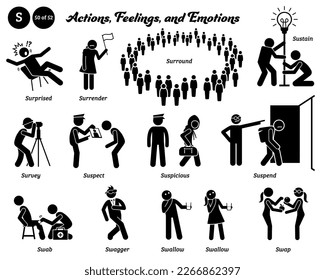 Stick figure human people man action, feelings, and emotions icons alphabet S. Surprised, surrender, surround, sustain, survey, suspect, suspicious, suspend, swab, swagger, swallow, and swap.